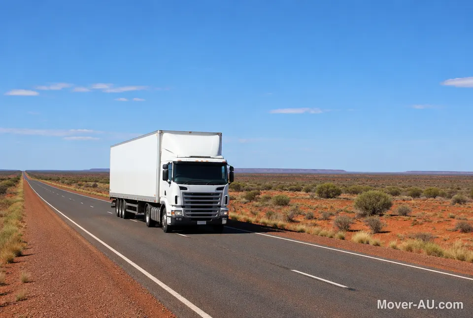 A removal truck on a long outback highway during an interstate move