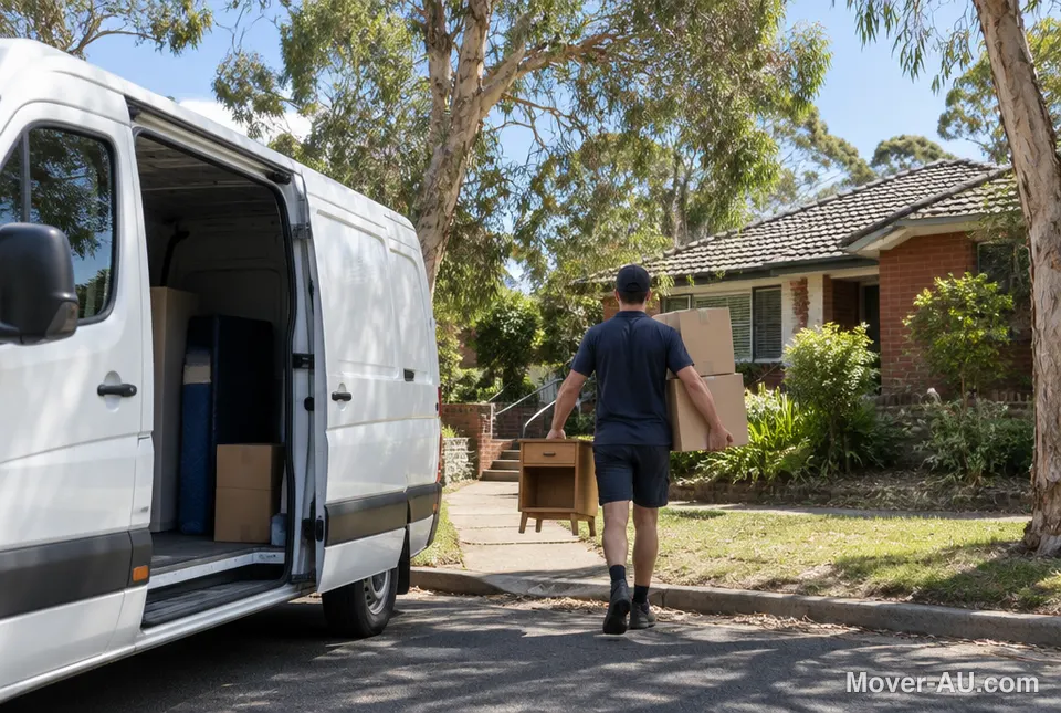 A mover carrying a bedside table and boxes to a white van outside a brick house