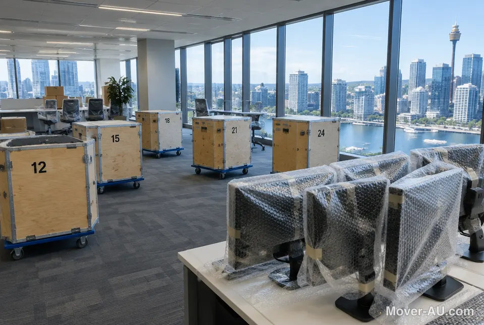 Numbered moving crates and wrapped monitors during an office relocation with a city view