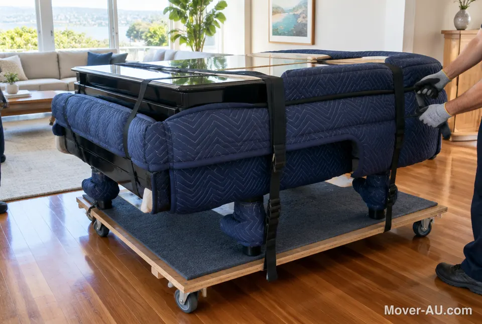 A black piano wrapped in padded moving blankets and strapped onto a piano board