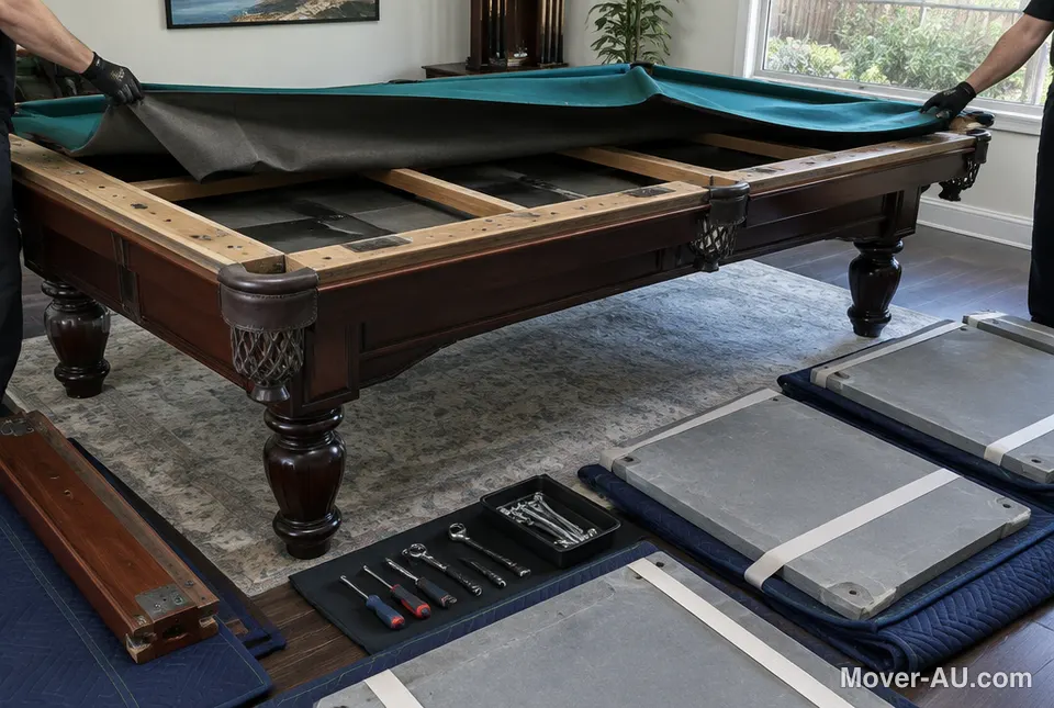 A slate pool table being taken apart with the slate panels wrapped in padding