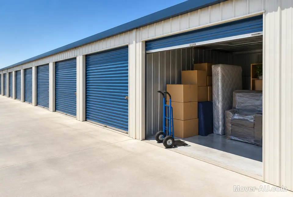 An open storage unit with stacked boxes and wrapped furniture next to a hand trolley